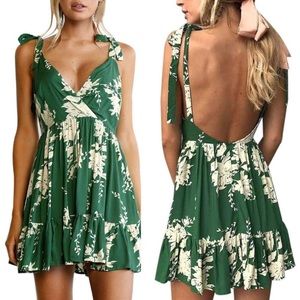 Deep V Green Floral Dress